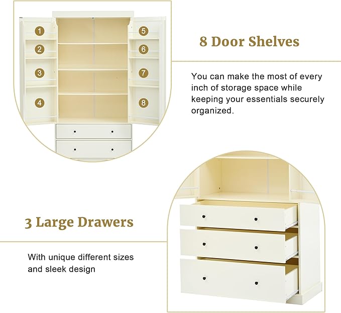 Merax 77" Tall Kitchen Storage Cabinet Pantry Freestanding Large Cupboard with 3 Drawers,3 Adjustable Shelves,8 Door-Shelf for Dining Room,Cream