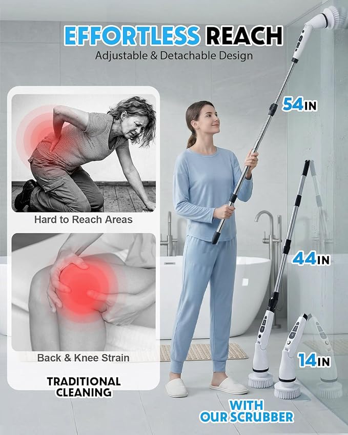 Electric Spin Scrubber, Shower Scrubber with Long Handle, 7 Brush Heads, 2-Speed Cordless Bathroom Cleaning Brush, 54in Extendable Electric Cleaning Brush for Tub, Tile, Floor & Kitchen