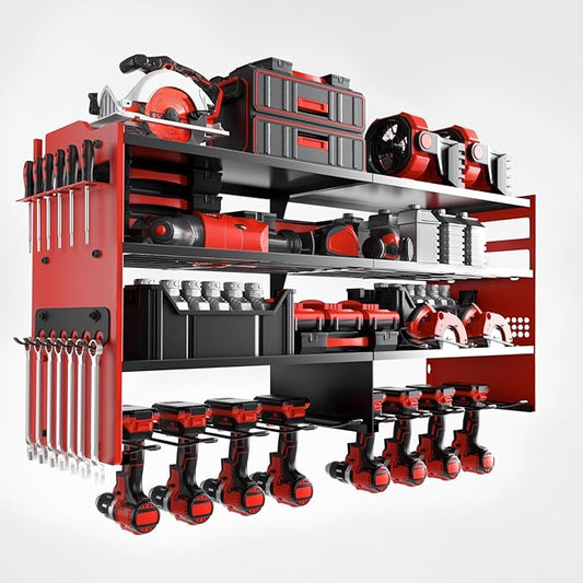 oviitech Power Tool Organizer Wall Mount, 8 Drill Holder Wall Mount Loads 400lbs, 4 Layer Heavy Duty Metal Power Tool Storage, Red, Utility Rack for Garage Workshop, Gifts for Men