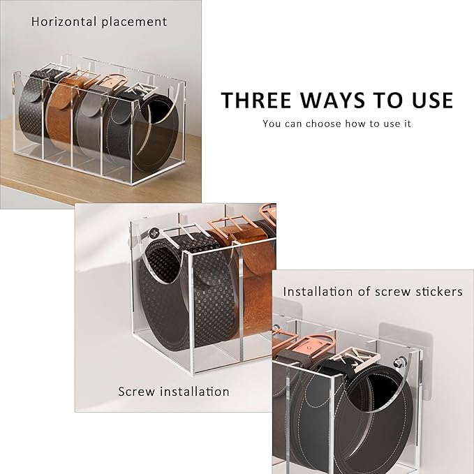 4 Compartments Acrylic Belt Organizer, Clear Belt Storage Organizer for Closet, Wall Mount Belt Holder