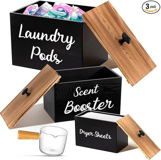 Dandat 3 Pcs Dryer Sheet Holder Laundry Pod Holder Scent Booster Container Set with Scoop Rustic Wood Dryer Sheet Container Laundry Beads Dispenser for Storage(Black)