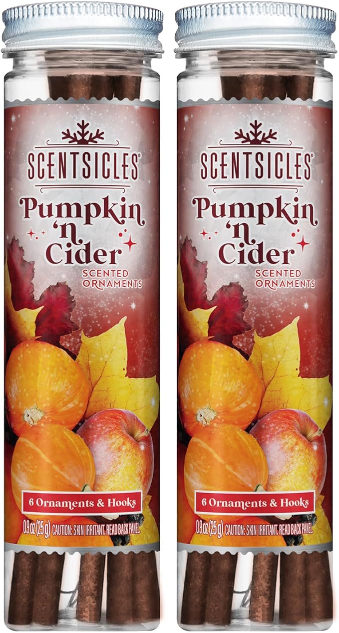 Scentsicles Pumpkin n Cider Scented Christmas Ornaments with Hooks - 2 Bottles (12 Sticks Total)