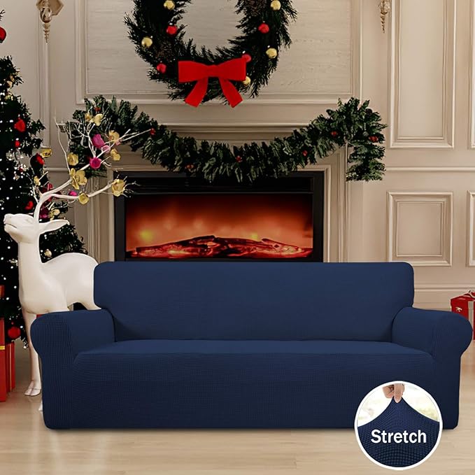 Easy-Going Stretch Sofa Slipcover 1-Piece Sofa Cover Furniture Protector Couch Soft with Elastic Bottom for Kids, Polyester Spandex Jacquard Fabric Small Checks (Sofa, Navy)