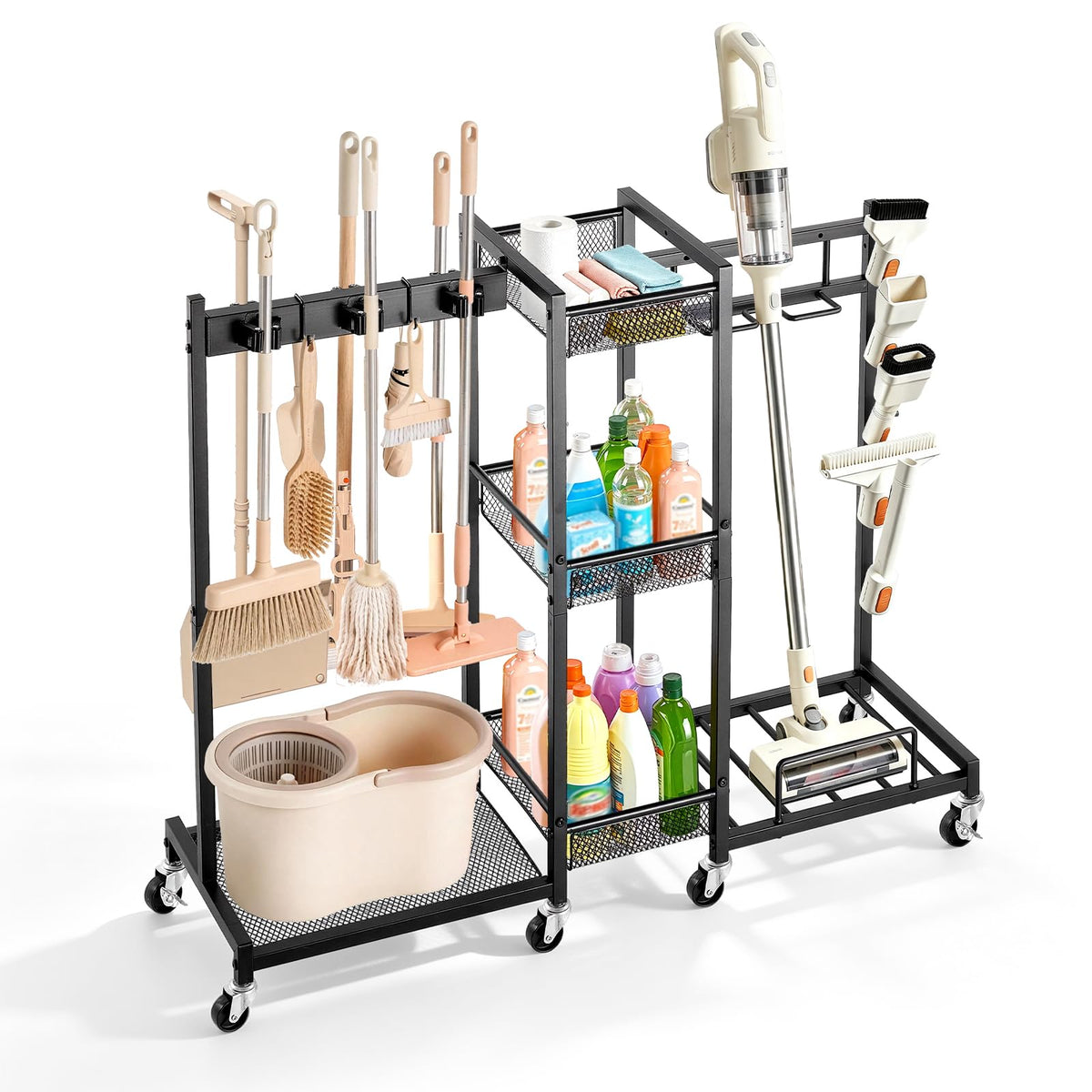VEVOR Broom Holder with Cleaning Supplies Organizer, Metal Garage - Image 1