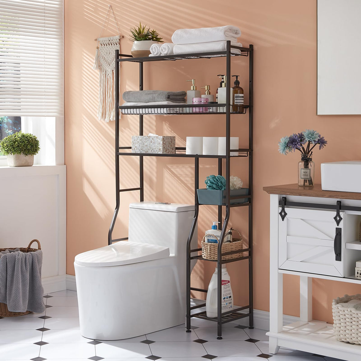 Lauren&Harold 6-Tier Over The Toilet Storage with Side Rack Black - Image 1