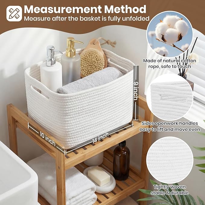 Storage Baskets for Organizing, 14 x 10 x 9” Closet Shelf Woven Baskets, Square Bins with Handles, Cotton Rope Basket for Toys, Clothes, Office, Room, White 4 Pack