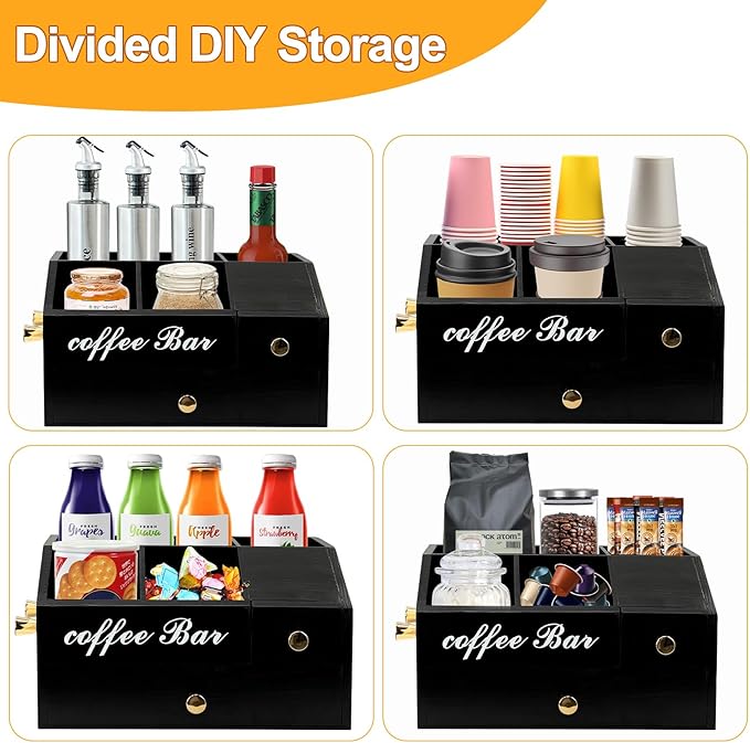 Coffee Station Organizer - Farmhouse Wood Kcup Holder for Counter, Countertop Snack Organizer with Hanging Handles, Suitable for Snacks, Coffee Capsules, Syrups and Various Accessories(Black)