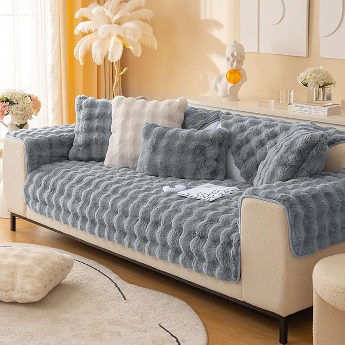 Soft Warm Faux Fur Couch Sofa Cover Thick Shaggy Fuzzy Sectional Couch Cover Non-Slip Solid Color Plush Sofa Slipcover Furniture Protector for Kids, Pets (Dark Grey,28"x59")
