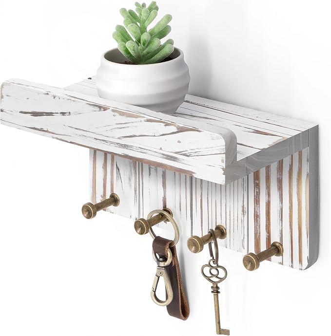 Rebee Vision Farmhouse Key Holder Wall Mount - Decorative Key and Mail Holder for Wall with Small Floating Shelf and 4 Key Hooks - Room Decor Aesthetic (Whitewash)