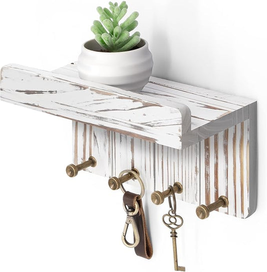 Rebee Vision Farmhouse Key Holder Wall Mount - Decorative Key and Mail Holder for Wall with Small Floating Shelf and 4 Key Hooks - Room Decor Aesthetic (Whitewash)
