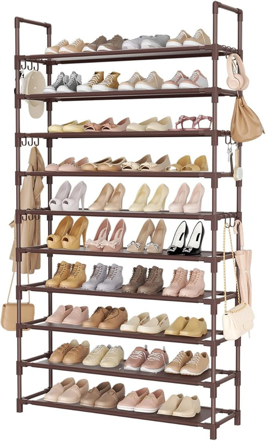 LANTEFUL Tall Shoe Rack 10 Tier Shoe Organizer Large Shoe Shelf with 18 Hooks Storage for 50 Pair Sneaker and Boot, Stackable Vertical Shoe Rack Organizer for Closet, Entryway, Bedroom, Brown