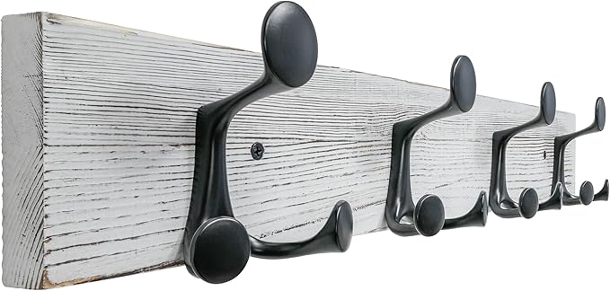 SKOLOO 24-Inch Wood Coat Rack Wall Mount with 4 Triple Hooks - Ideal for Family Entrances, Classrooms, and Pet Supplies Storage - Perfect Coat Hooks for Wall,Distressed White Wash