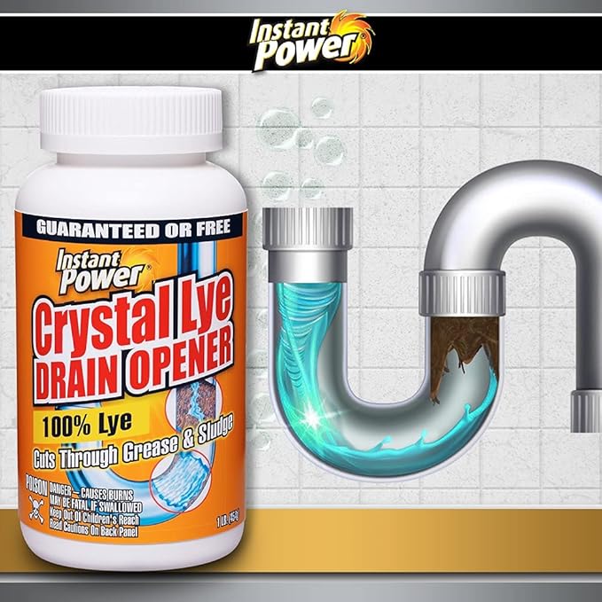 Instant Power Crystal Lye Drain Opener, Lye Sodium Hydroxide, Unclogs Bathroom and Kitchen Sinks, Drains, Shower Pipes 1 Lb