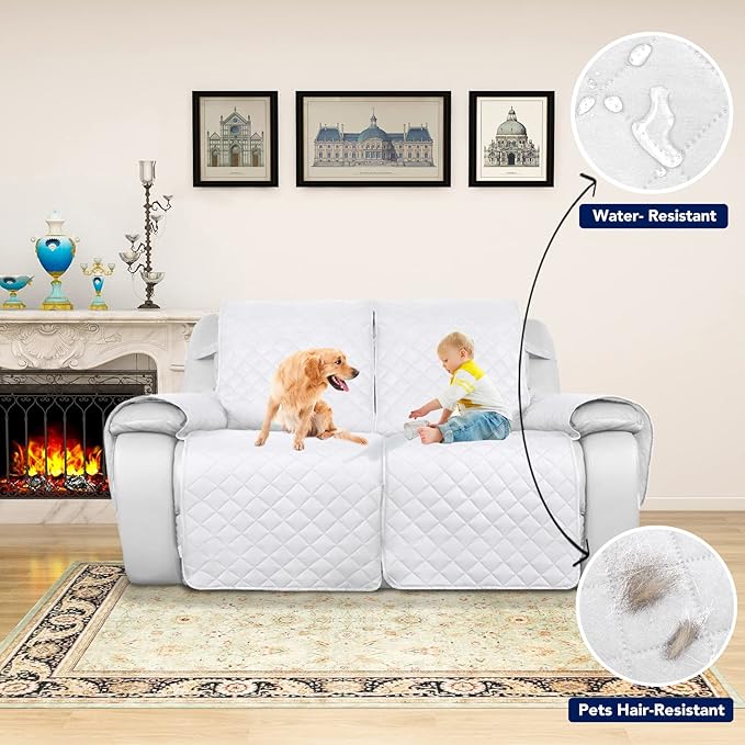 PureFit Water Resistant Reversible Sofa Covers for Reclining Sofa 2 Seat - Non Slip Split Recliner Couch Cover for Double Recliner, Washable Furniture Protector for Kids, Dogs (2 Seat, White/White)