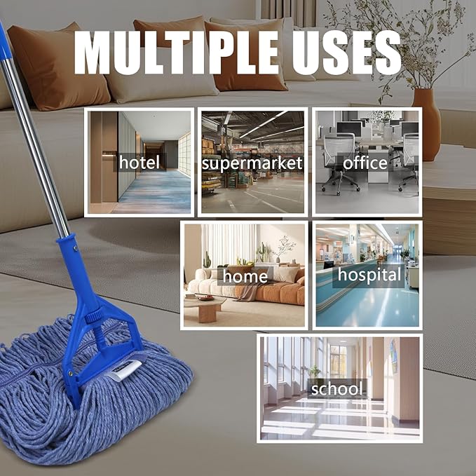 Commercial Cotton Mop Heavy-Duty Industrial with 2 Replacement Heads 152 cm Handle Replacement mop Head (Blue)
