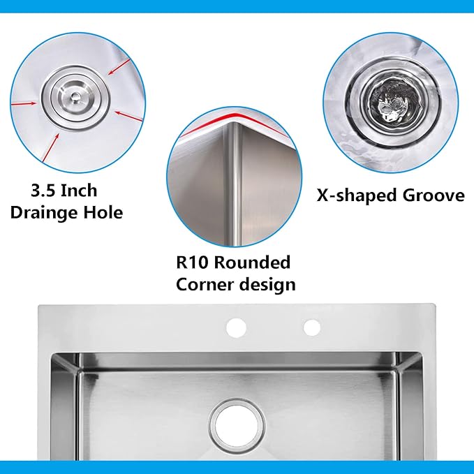 33"x 22" Drop in Stainless Steel Kitchen Sink, Brushed Nickel Top mount Kitchen Sinks, 18 Gauge Handmade Single Bowl Large Basin With Dish Grid and Basket Strainer