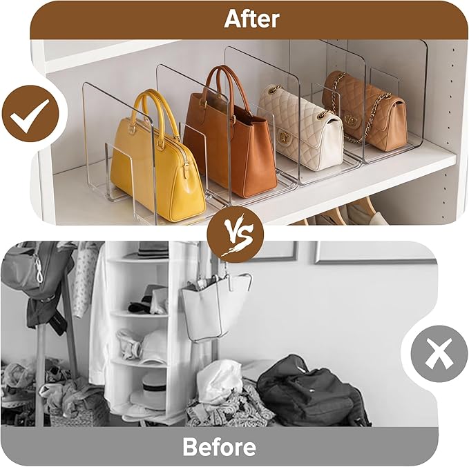 Purse Organizer for Closet, 2 Pack Fixed-Height Shelf Dividers – Clear Acrylic Handbag Organizer & Bag Organizer Set for Purse Storage, Closet Organization & Bookshelf Separation