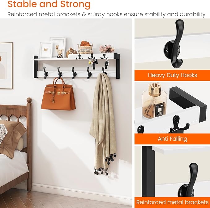 Homode Coat Rack Wall Mount, 29" Modern Floating Shelf with Key and Mail Holder, Wooden Entryway Hanging Shelf with Hooks and Storage for Hat Towel Jacket Purse Backpack Dog Leash, White