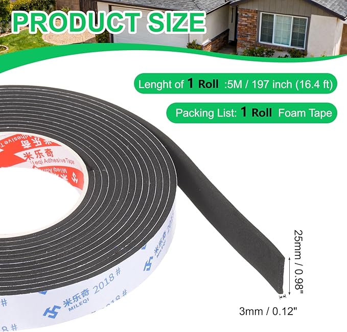 PATIKIL Sponge Rubber Foam Tape, 63/64" W x 1/8" t x 16.4ft l Self-Adhesive Foam Insulation Tape Weather Stripping for Window Door Soundproofing Weatherstrip AC Seal Strip, Black