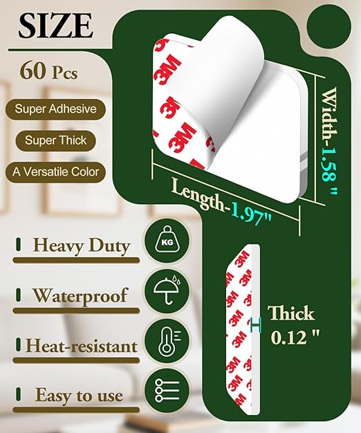 60 Pcs Double Sided Tape Heavy Duty, Made of 3M, High-Adhesive Pads - White 1.57"x1.97" Automotive Adhesive Pads, Heat-Resistant, Waterproof, Outdoor & Indoor Decoration