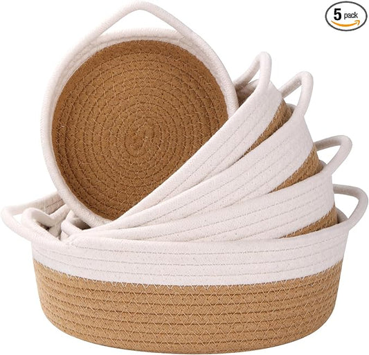 Small Storage Woven Baskets Shelves Natural Cotton Rope Bins with Handle Toilet Tank Paper for Countertop Cute Gifts Organizing Mini Nursery 5 Set box (White & Jute)