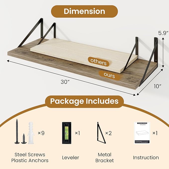 Deep Floating Shelves for Wall,30" Wx10 D Wood Floating Shelf Set of 2,Sturdy Metal Bracket Wide Display & Storage,Wall Mounted Hanging Floating Shelves for Living Room,Bedroom,Kitchen,Grey