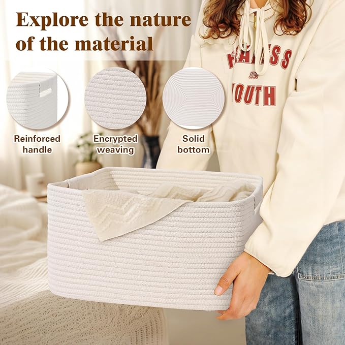 3 Pack Large Storage Basket for Organizing, 17.5"x13"x7" Woven Basket for Shelves, Closet Cube Storage Bins with Wrapped Handle, Cotton Rope Baskets for Kitchen, Clothes, Toys(Off White)