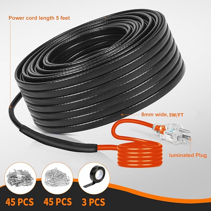 140FT Heat Tape for Water Pipes Roof & Gutter Snow De-Icing Heat Cable 140 feet 5 Watts Per Foot, Water Line Heat Tape Keeps Water Flowing at -40°F 5W/FT, 120V (140FT)