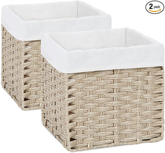Bidtakay Wicker Baskets for Shelves Waterproof Imitation Wicker Cube Storage Bins with Liners for Organizing Closet Cabinet 2-Pack 11x11 inch Storage Cube Organizer for Pantry-Greyish Beige