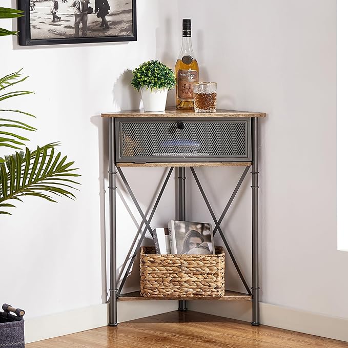 VECELO Corner Table/Cabinet with Flip Door and Storage Shelves, Free-Standing Organizer for Compact Space in Living Room/Study/Lobby/Bedroom,Industrial