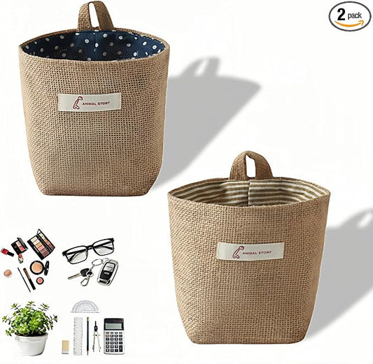 Machine Washable Hemp Cotton Hanging Organizer for Door, Wall & Bedside. Space Saving Storage Pockets, Heavy Duty 15lb Anti-Slip Design for Home & Office (Blue dot)