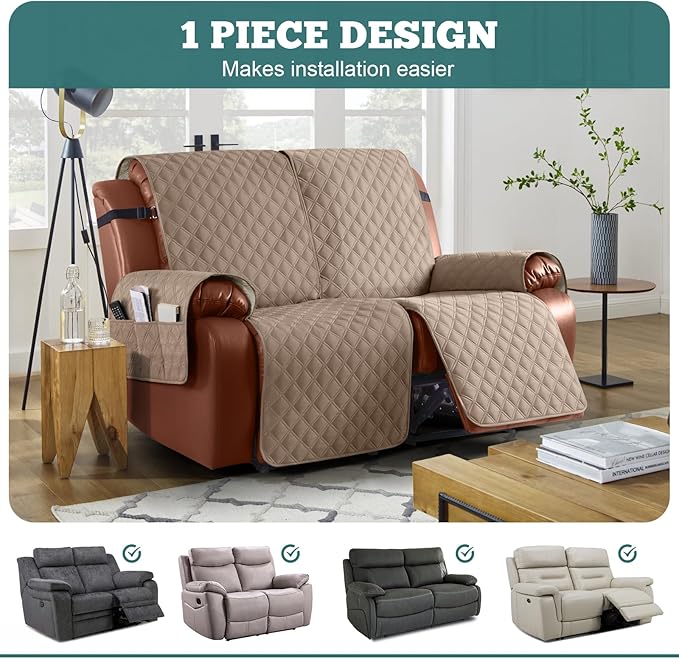 Ruaozz Waterproof Recliner Sofa Covers, 1-Piece Couch Covers for Reclining Couches Reclining Couch Cover Washable Furniture Protector with Elastic Straps Pocket for Kids Pets (Light Brown, 2 Seater)