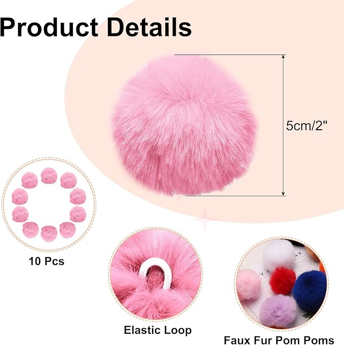 uxcell 2 Inch Faux Fur Pom Pom Balls, 10 Pcs Pink Fluffy Soft Faux Fur Pom Poms for Hats with Elastic Loop for DIY Knitting Hats Keychain Scarves Gloves Bags Shoes Accessories