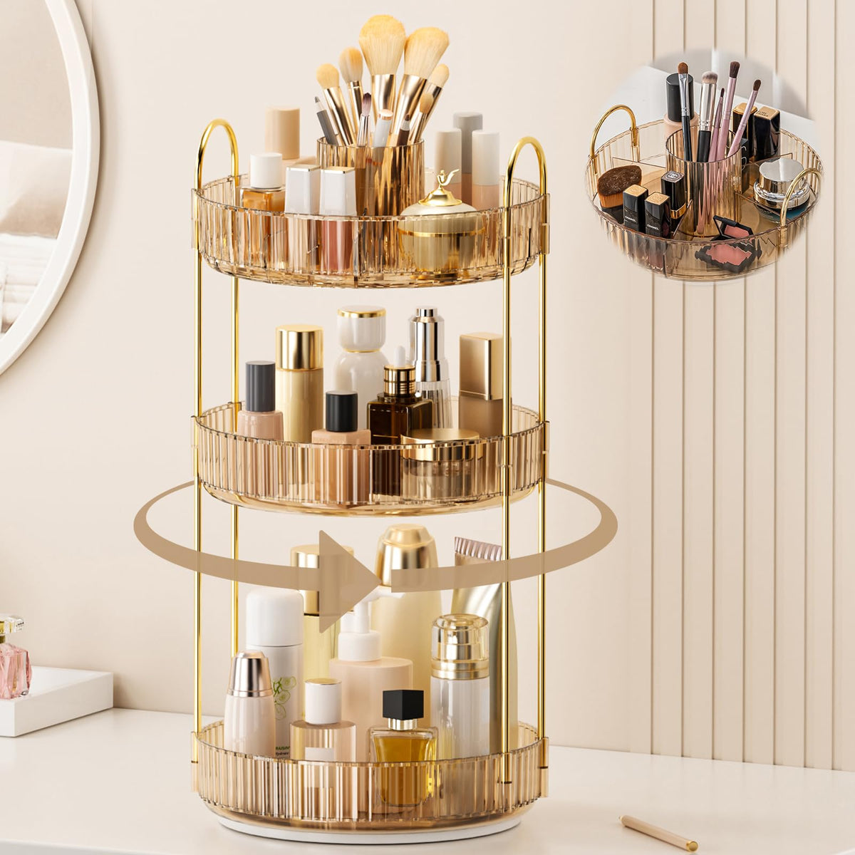 360° Rotating Makeup Organizer, Upgraded 3 Tier Skincare Perfume - Image 1