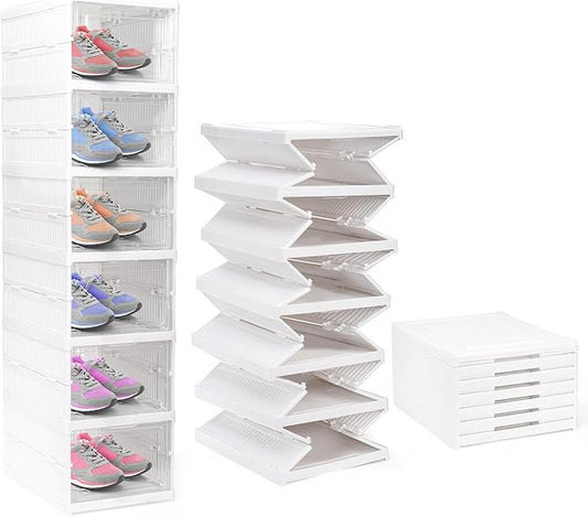 Nicunom Foldable Shoe Rack Organizer, 6-Tier Shoe Storage Box Collapsible Plastic Shoe Shelf Clear Shoe Boxes with Doors, Stackable Shoe Storage Bins Shoe Organizer for Entryway Closet