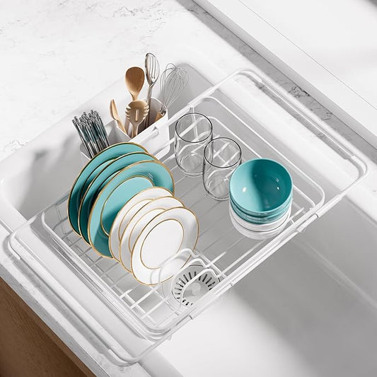 Extendable Dish Drying Rack Over Sink with Dish Drainer, Sink Organization and Storage Essentials with Silverware & Utensil Holder, Home and Apartment Decor, 12" W x 16.1~23" L, White