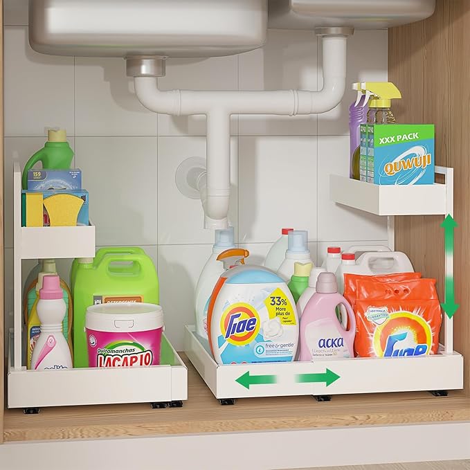 Expandable Under Sink Organizer, 2-Tier Under Cabinet Organizer, Height Adjustable Pull Out Rack for Kitchen Bathroom Laundry, White, 2 Pack