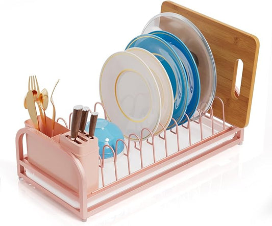 Pink Dish Rack - Small Dish Drying Rack for Limitied Kitchen Counter, Narrow Stainless Steel Dish Drainer w Tray, Cutlery Holder, Cute Kitchen Appliances Organizer for A Lovely You