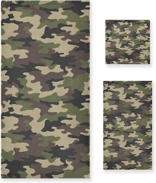 3 Piece Military Camouflage Bath Towel Set,Microfiber Decorative Green Black Army Camo Hunting Themed Bathroom Towels,1 Bath Towel 1 Hand Towel for Bathroom Kitchen,1 Washcloth for Face