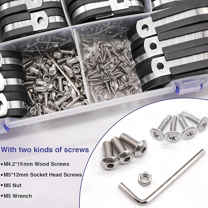 Taiss 270PCS Cable Clamps Assortment Kit,304 Stainless Steel Rubber Cushion Insulated Wire Pipe Clamps,10 Sizes 1/4" 5/16" 3/8" 1/2" 5/8" 3/4" 1" 1-1/4" 1-1/2" 1-3/4" Loop Clamps With screws