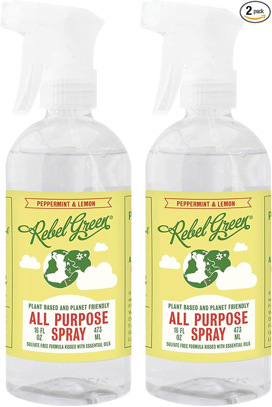 Rebel Green Natural All-Purpose Cleaning Spray - Plant-Derived Multi-Surface Cleaner with Essential Oils for Kitchen, Bath, Countertops and More - Peppermint & Lemon Scent - 16 oz - 2 Pack