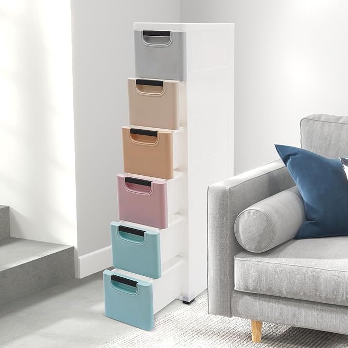 6 Drawers Plastic Storage Cabinet, Mobile Slim Utility Cart on Wheels, for Narrow Space Office Classroom Bedroom Bathroom (Multicolor)