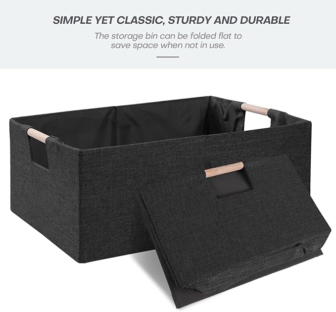 ANMINY 2PCS Storage Baskets for Organizing Collapsible Fabric Storage Bins Boxes with Wood Handles Closet Shelves Cube Organizer Bins Clothes Laundry Storage Container - Medium, Black