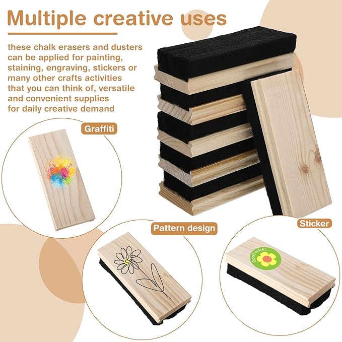 Felt Campus Style Erasers, Cleaner Dusters Felt Chalkboard Eraser for Kids Wood Chalk Eraser for Chalkboard Cleaners Dusters for Markers White Black Boards Paint School Students Teachers (6 Pieces)
