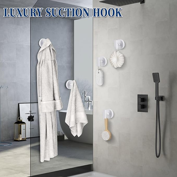 Heavy Duty Reusable Suction Cup Hooks for Shower - No Drill Bathroom/Glass/Mirror/Tiles & Metal Surfaces,and Smooth Non-Porous Surfaces for Towels, Robes, Loofahs (4, White)