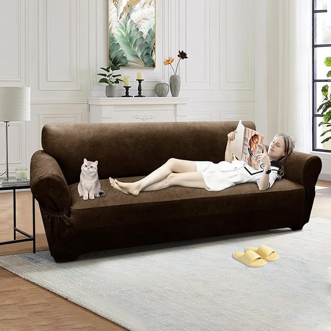 Couch Cover Leather Look 3 Seater Couch Sofa Cover 1-Piece Sofa Slipcover Stretch Furniture Protector with Elastic Bottom & Pockets(Sofa, Dark Brown)