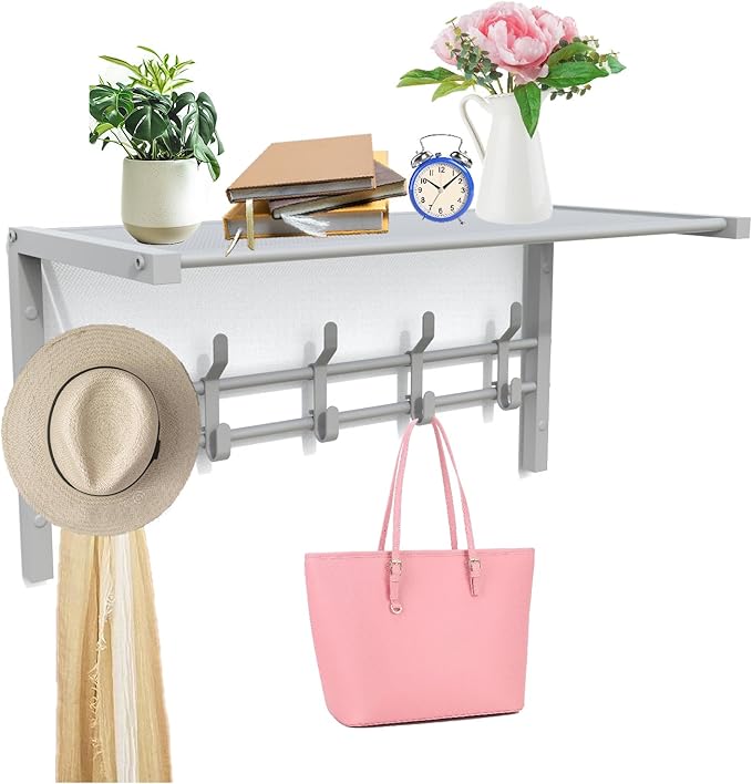 Wall Mount Coat Rack with Shelf and Adjustable Hooks - Entryway Towel Organizer for Bag and Hangers (White, 24x12 inch)