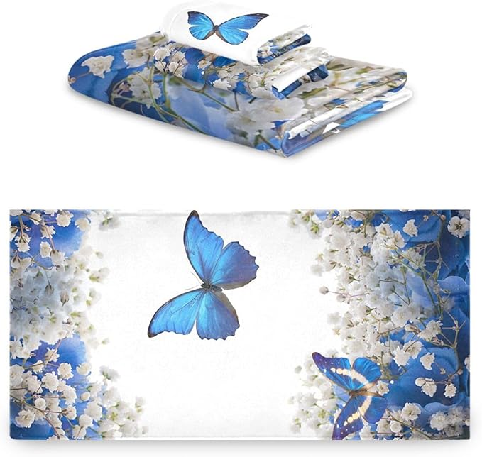 Spring Floral Bath Towels Set,Absorbent Soft 3 Piece Blue White Butterfly Elegant Flower Towel Set for Bathroom,1 Bath Towel 1 Hand Towel 1 Washcloth,Quick Dry Decoractive Bathroom Towels