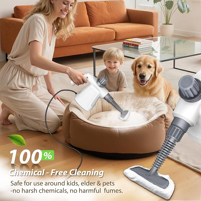 15.2OZ Steam Cleaner, Hands-free Steamer for Deep Cleaning with 14PCS Accessories & Safety Lock, Chemical-Free Handheld Steam Cleaner for Home, Car, Furniture, Grease, Grout, Floor (White)