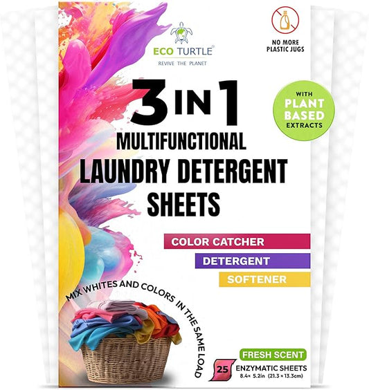 Color Catcher Fabric Softener Laundry Detergent Sheets 25 Loads Fresh Scent, Plant based, No Plastic Jugs Travel Friendly, Ultra Concentrated Mix Colored with Whites Detergent Softener & Color Catcher